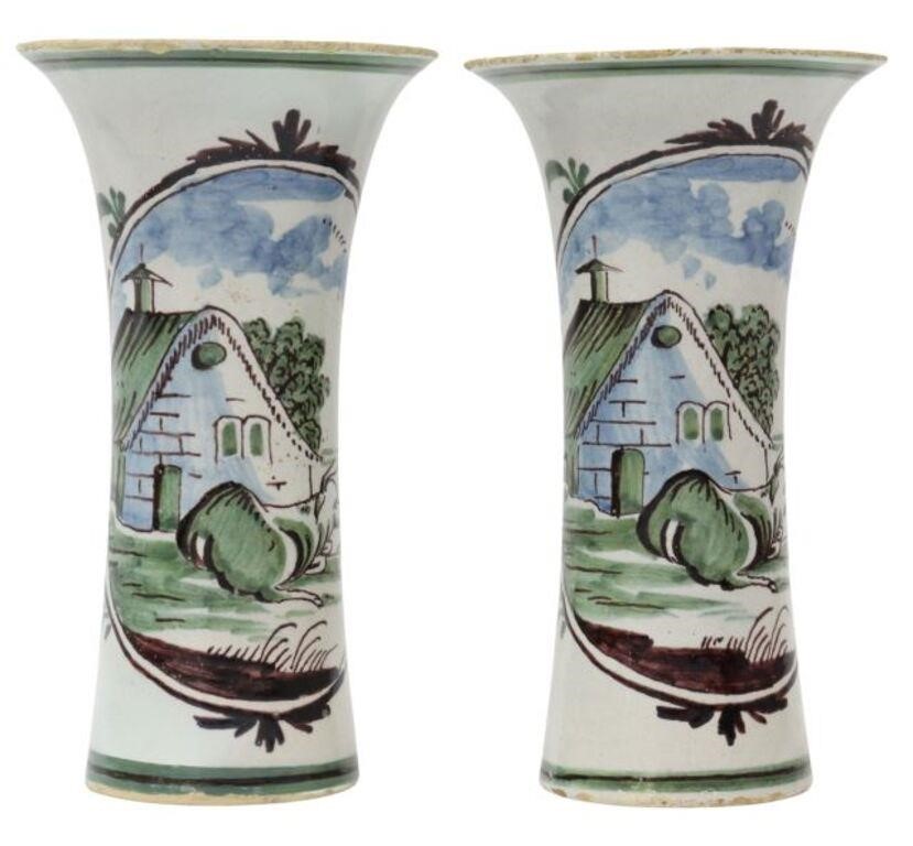 (2) DELFT POLYCHROME TRUMPET VASES,