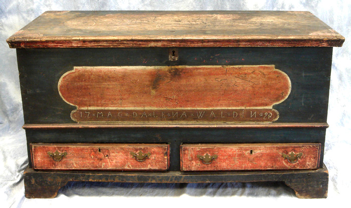 2 drawer poplar dower chest, signed