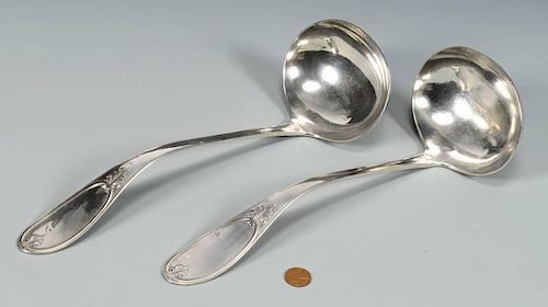 2 E.A. TYLER COIN SILVER LADLES,