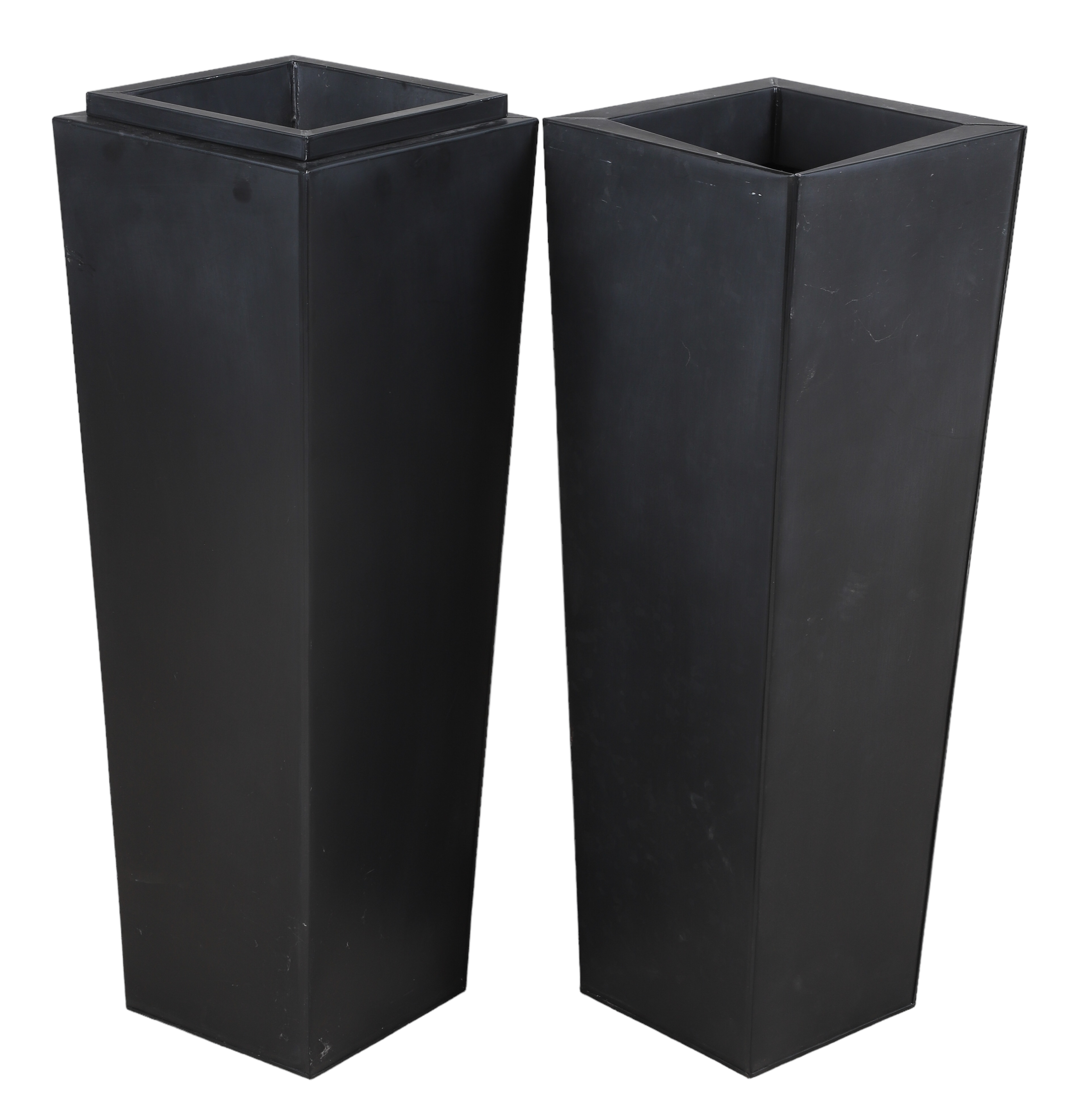 (2) ebonized tin planters, 35"h x