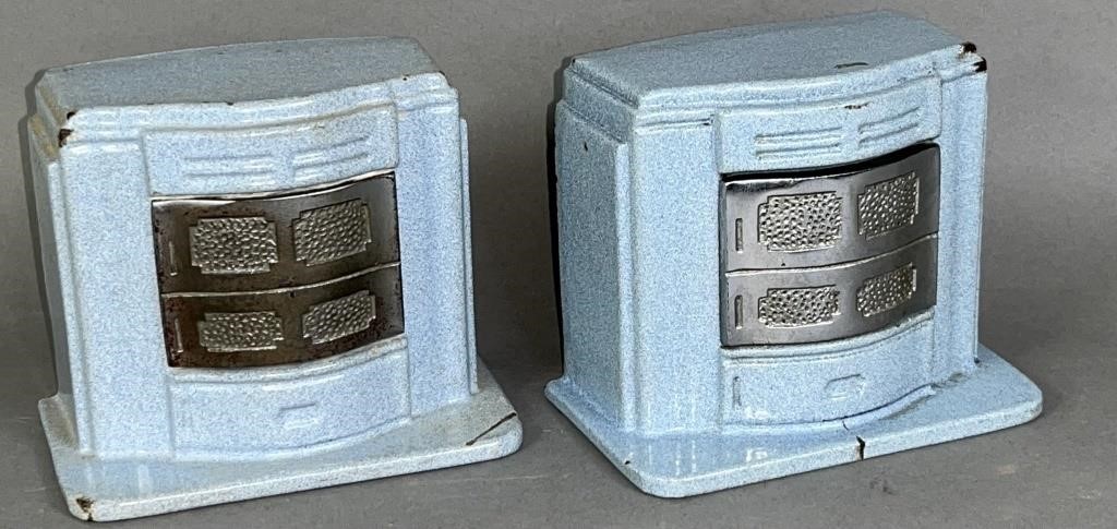 2 ENAMELED IRON STOVE SHAPED