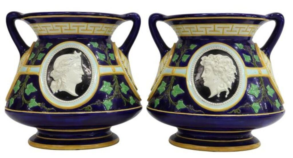 (2) ENGLISH MAJOLICA JARDINIERES,