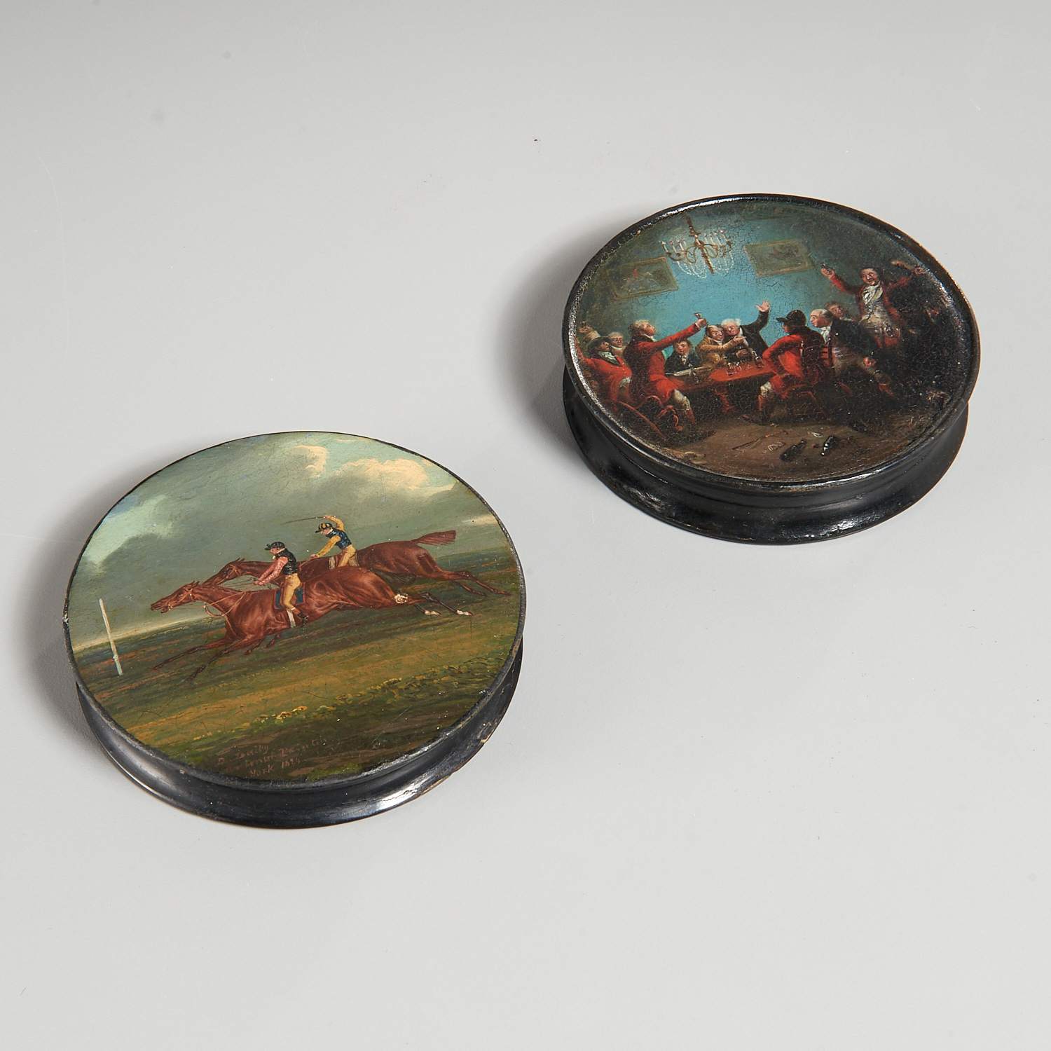 (2) ENGLISH PAINTED PAPIER-MACHE