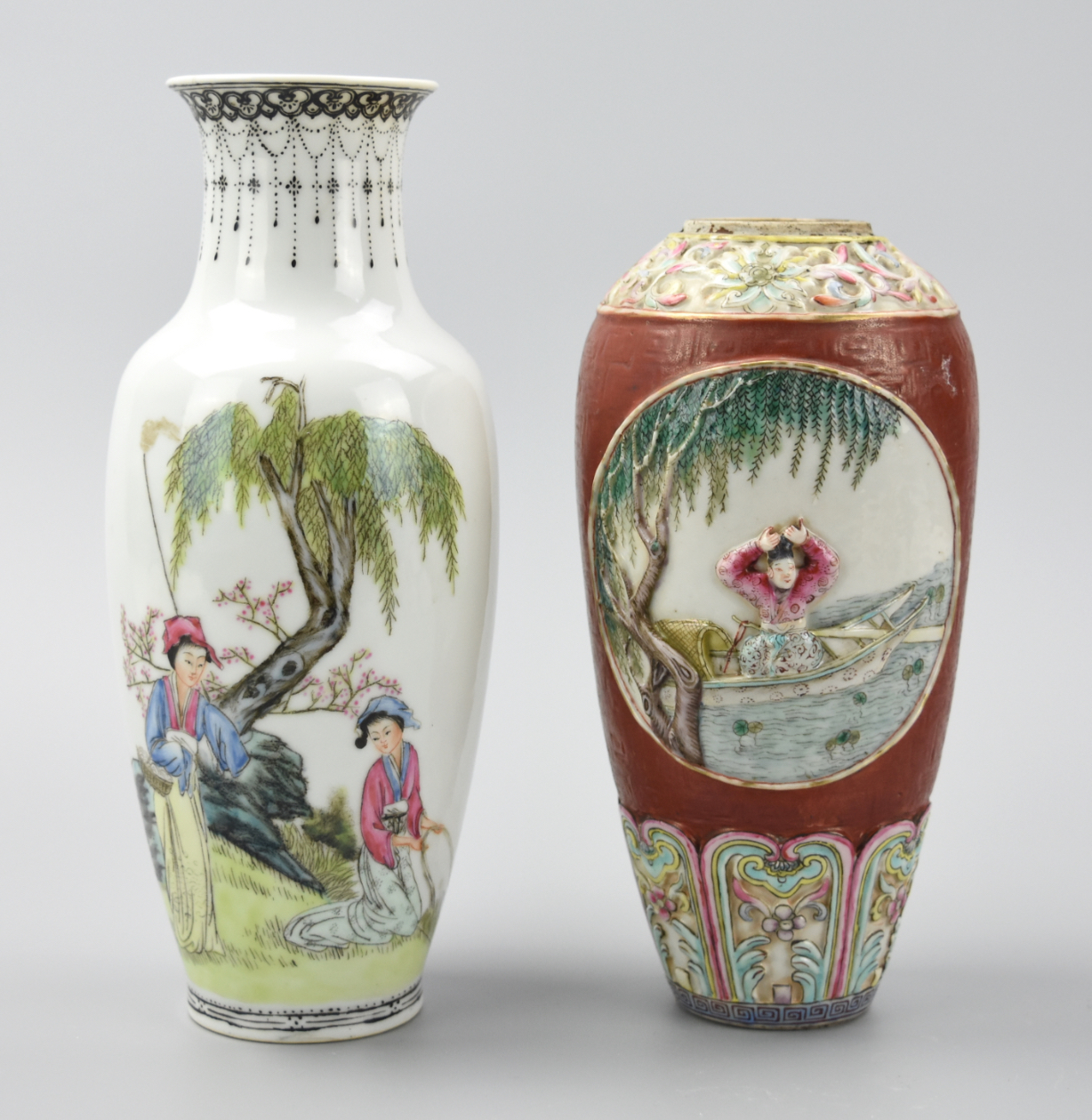(2) FAMILLE ROSE VASES: RIVERSIDE &