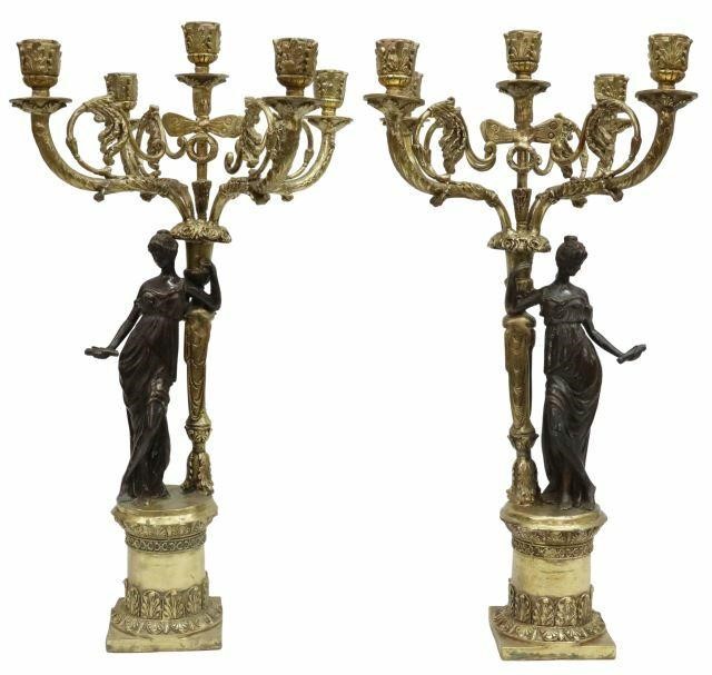(2) FIVE-LIGHT GILT & PATINATED
