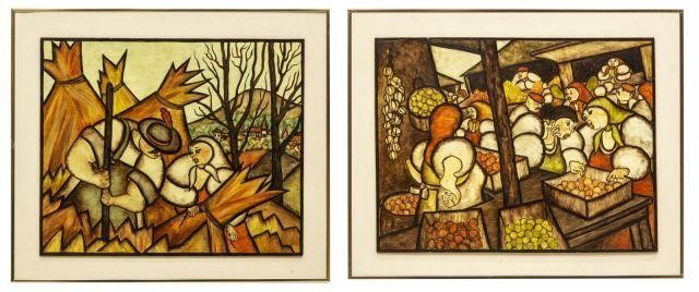 (2) FOLK ART PAINTINGS ON BOARD,