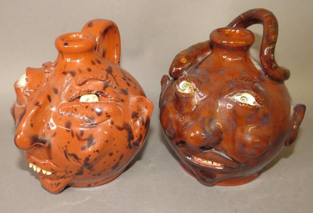 2 FOLK ART REDWARE FACE JUGS BY WES