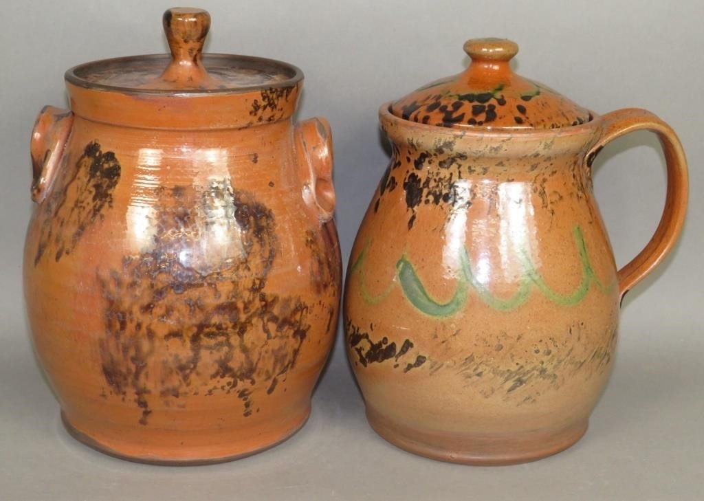 2 FOLK ART REDWARE LIDDED POTS BY