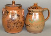 2 FOLK ART REDWARE LIDDED POTS