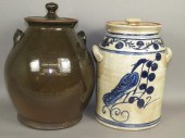 2 FOLK ART REDWARE LIDDED JARS