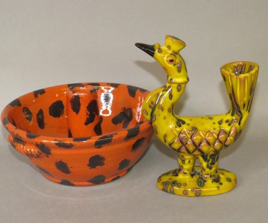 2 FOLK ART REDWARE PIECES BY