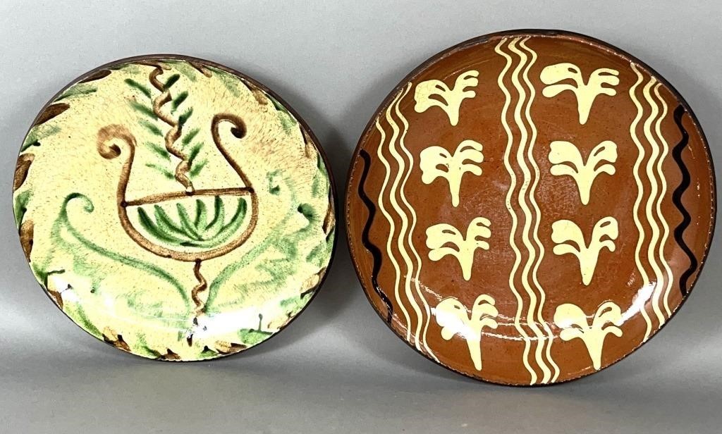 2 FOLK ART REDWARE SLIP DECORATED