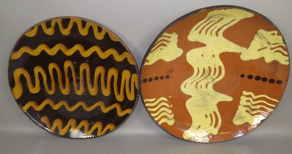 2 FOLK ART REDWARE SLIP DECORATED