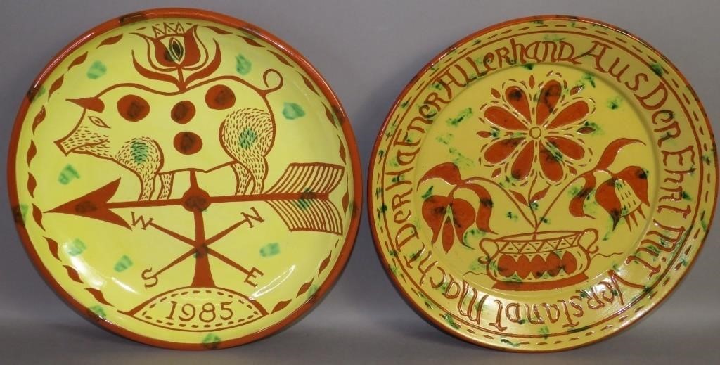 2 FOLK ART SGRAFFITO DECORATED