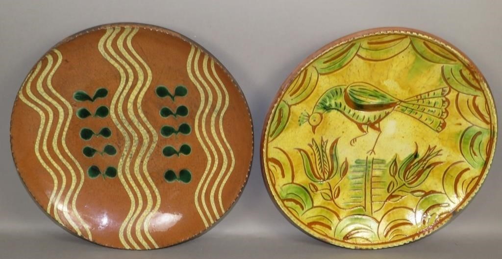 2 FOLK ART SLIP DECORATED REDWARE