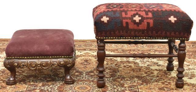 (2) FOOTSTOOLS, (1) IN KILIM