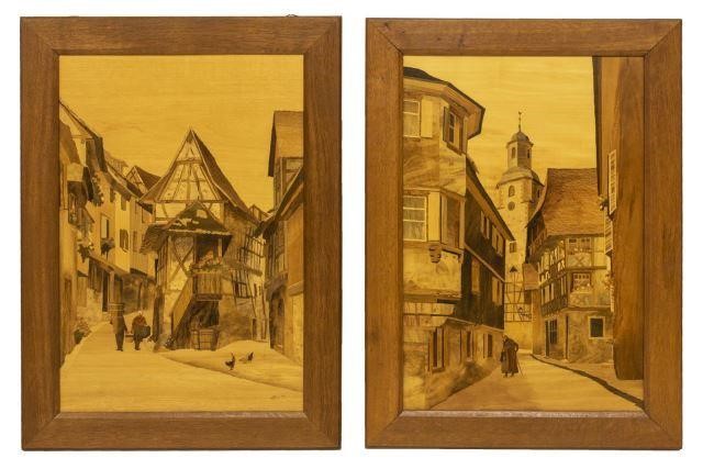 (2) FRAMED MARQUETRY ALSATIAN