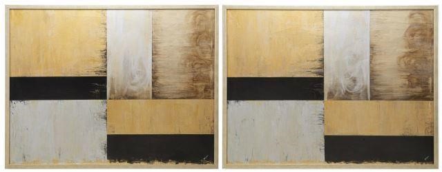 (2) FRAMED MODERN GEOMETRIC OIL