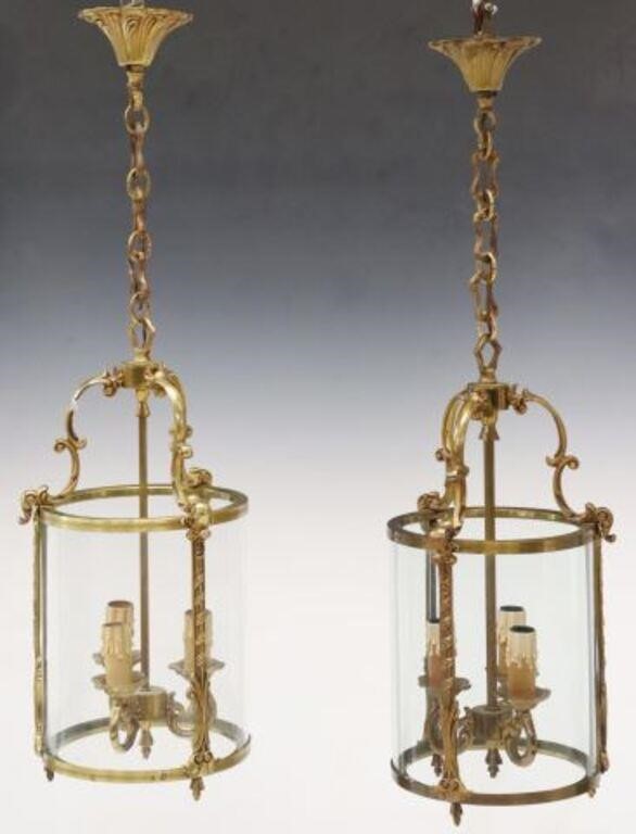 (2) FRENCH BRASS & GLASS 3-LIGHT