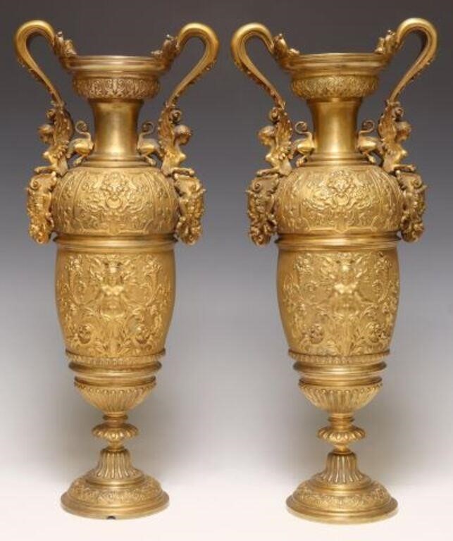(2) FRENCH BRONZE DORE SPHINX URN