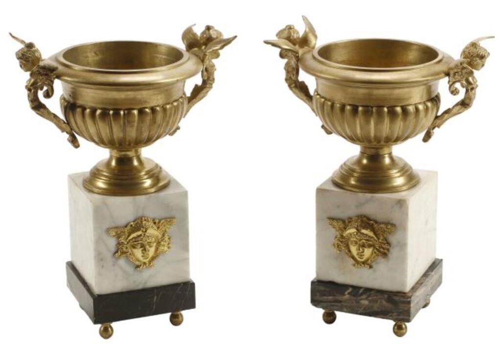 (2) FRENCH BRONZE DORE URNS ON