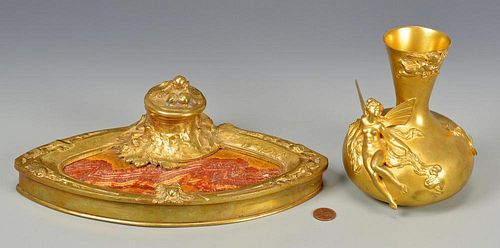 2 FRENCH BRONZE ITEMS, INKSTAND &
