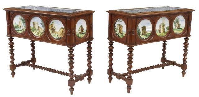 (2) FRENCH CARVED OAK FAIENCE
