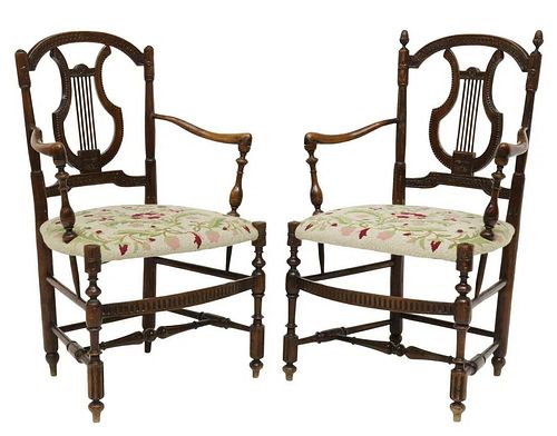 (2) FRENCH CARVED OAK LYRE-BACK