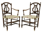 (2) FRENCH CARVED OAK LYRE-BAC