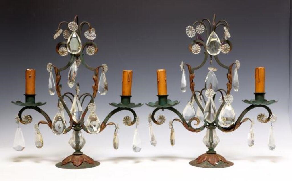 (2) FRENCH PAINTED IRON & CRYSTAL