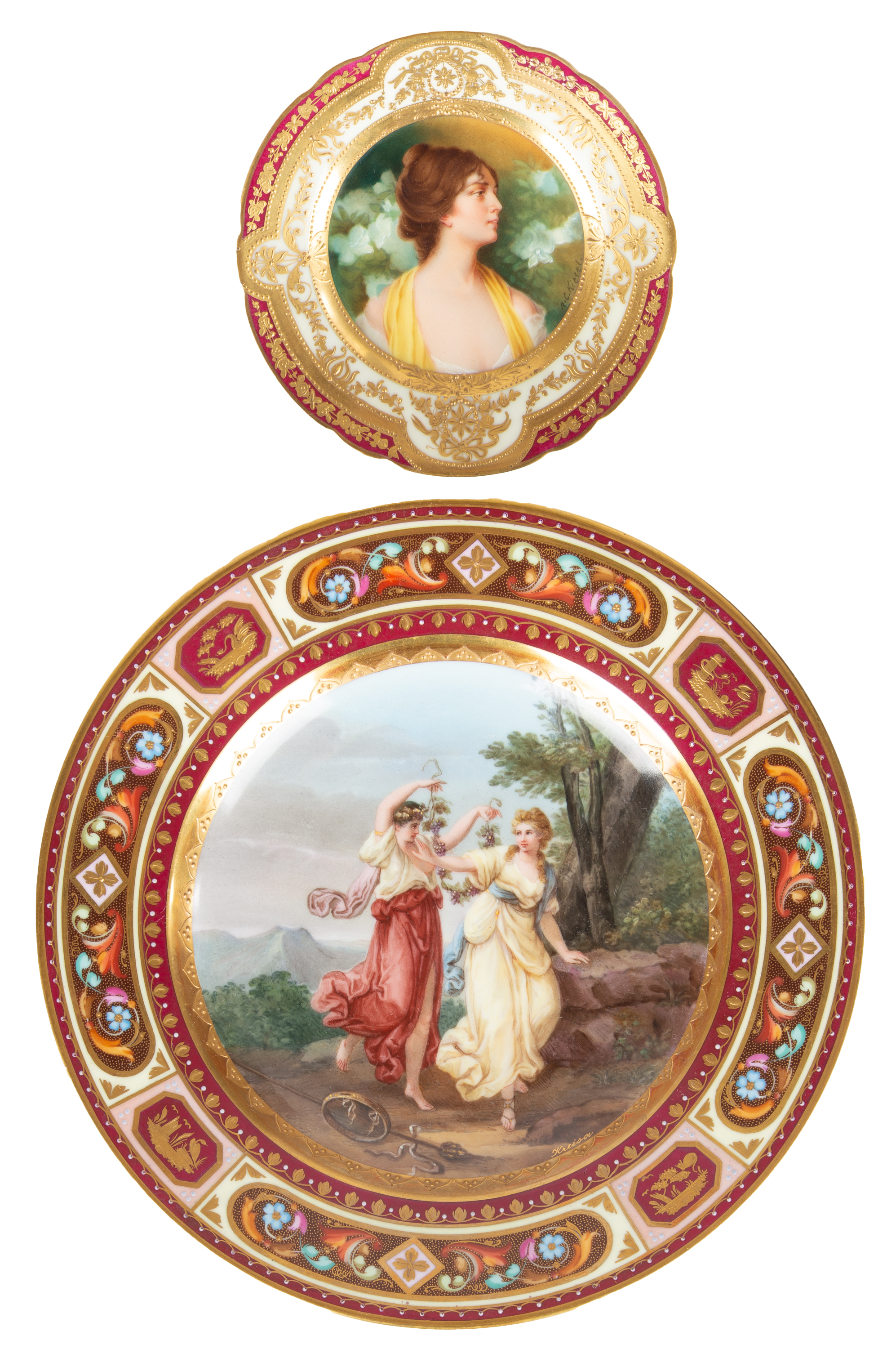 (2) GERMAN PAINTED PORCELAIN PLATES