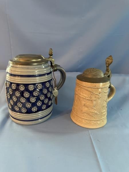 2 GERMAN STEINS -  (1) BLUE & WHITE