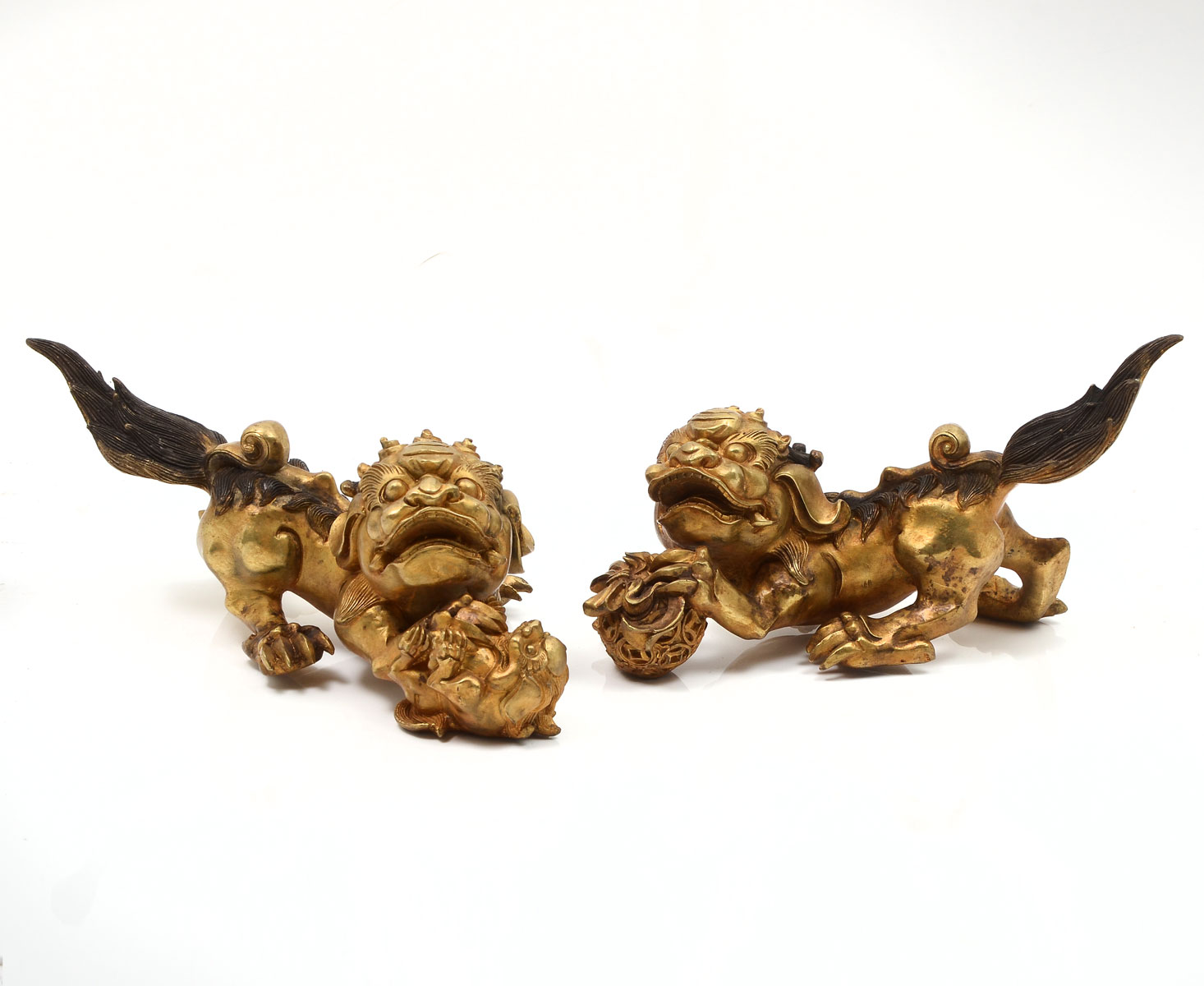 2 GILT BRONZE FOO DOGS: Set of male