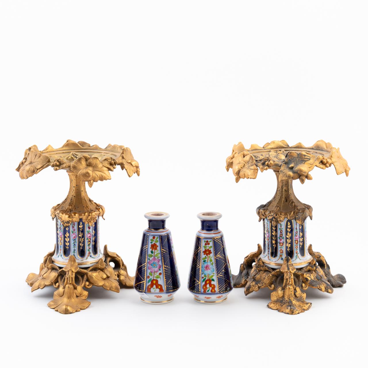 2 GILT METAL PORCELAIN TAZZA & 2