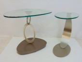 2 GLASS TOP STANDS ON BRUSHED
