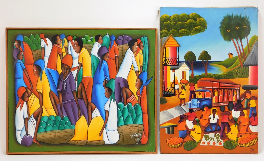 2 HAITIAN MARKET SCENE FOLK ART