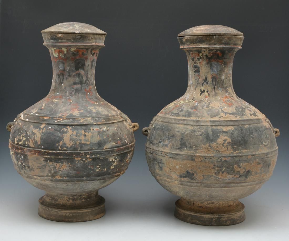 2 HAN DYNASTY POTTERY HU JARS