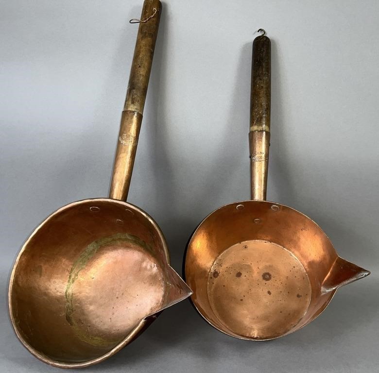 2 HANDLED COPPER SPOUTED LADLES CA.