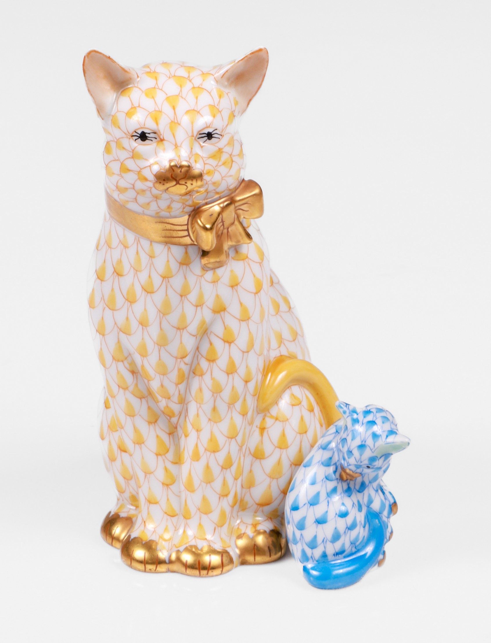 (2) Herend porcelain fishnet cat