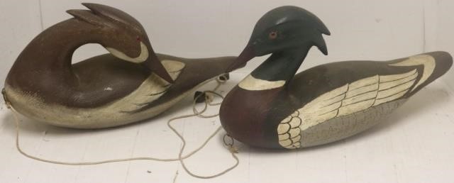 2 HOLLOW BODY MERGANSER DECOYS BY