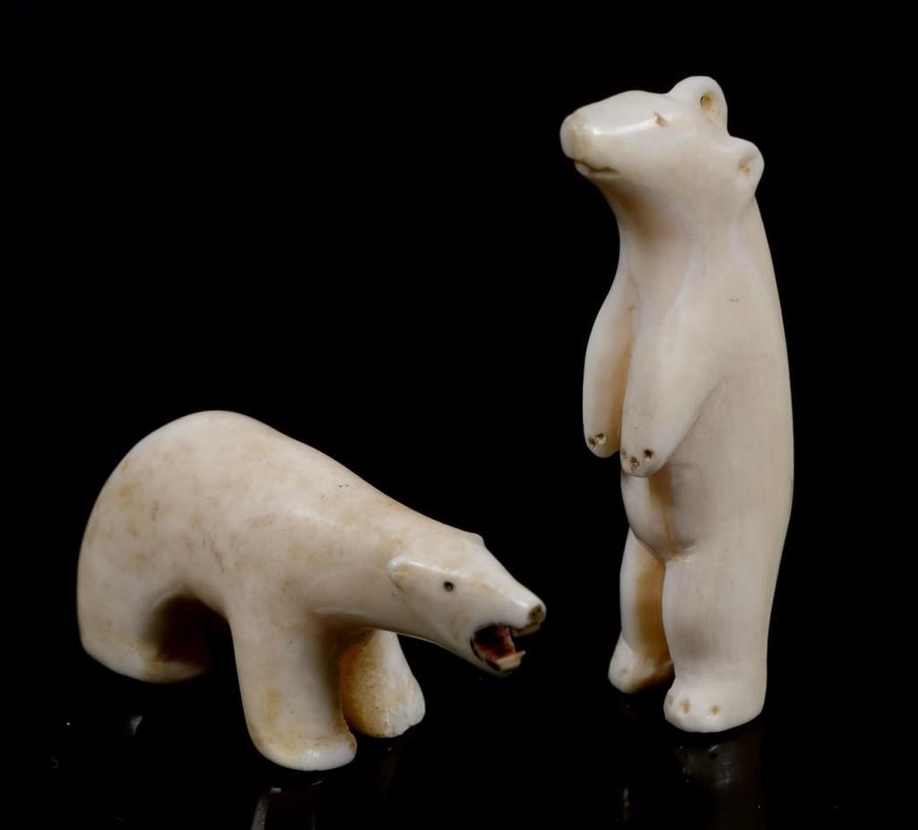 2 INUIT CARVED IVORY POLAR BEARSTwo