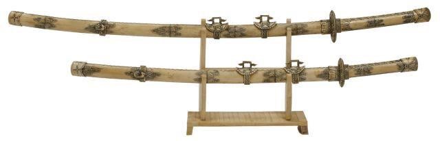 (2) JAPANESE CARVED BONE & ENAMEL