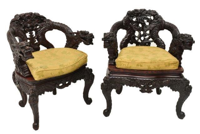 (2) JAPANESE DRAGON CARVED HARDWOOD
