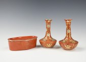 2 JAPANESE GILT IRON RED VASE,