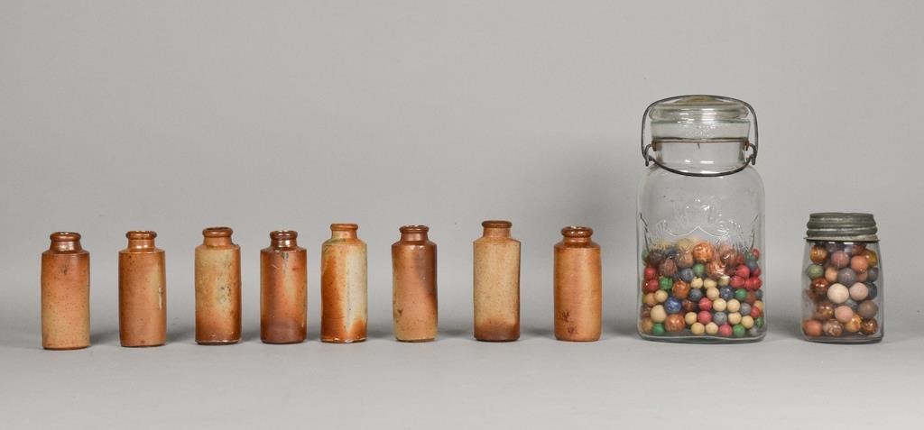 2 JARS OF CLAY MARBLES, 8 POTTERY