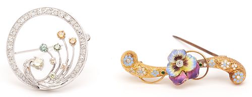 2 LADIES GOLD BROOCHES, INCL.