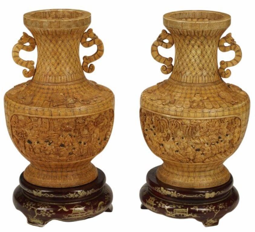 (2) LARGE CHINESE CARVED BONE-TILED