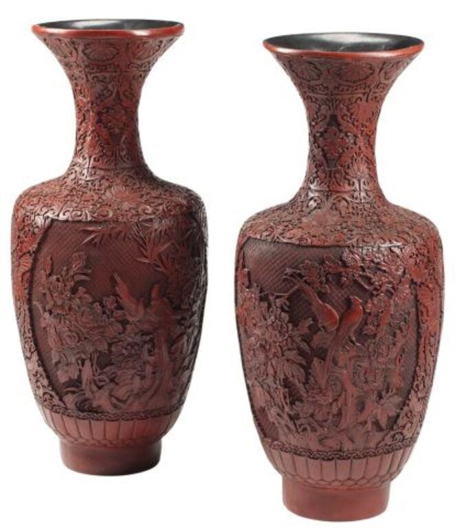 (2) LARGE CHINESE CINNABAR VASES,