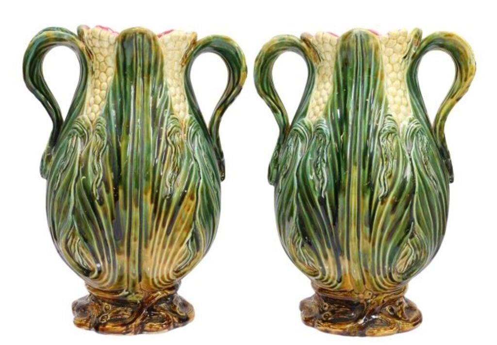 (2) LARGE MAJOLICA CORN HANDLED