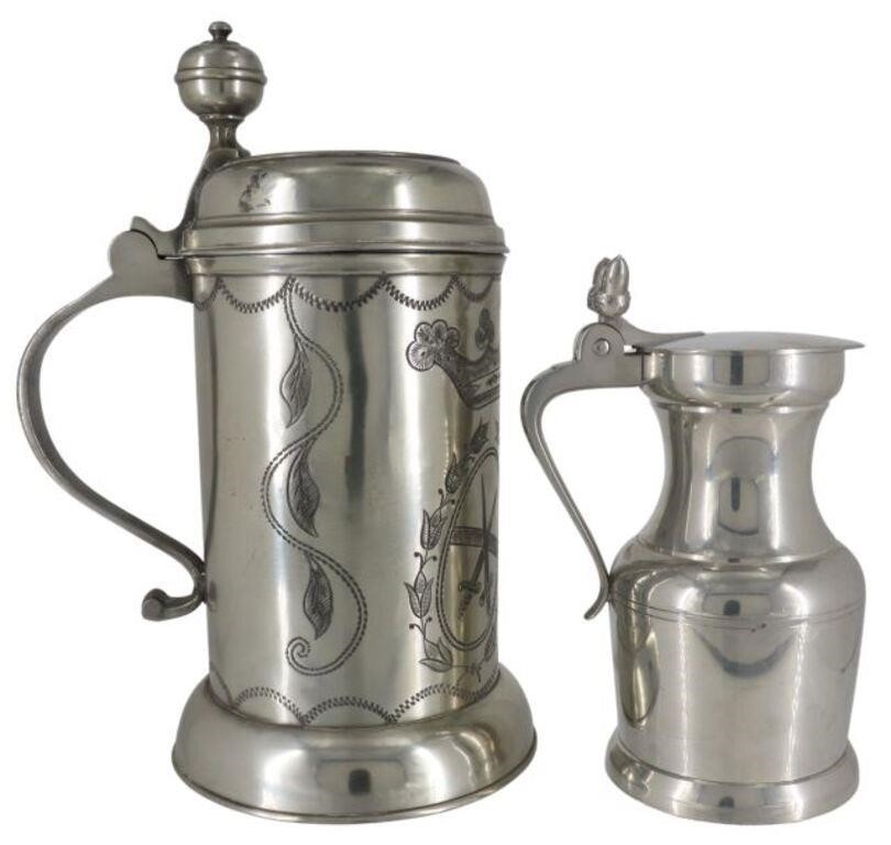 (2) LARGE PEWTER TANKARDS, ETAINS
